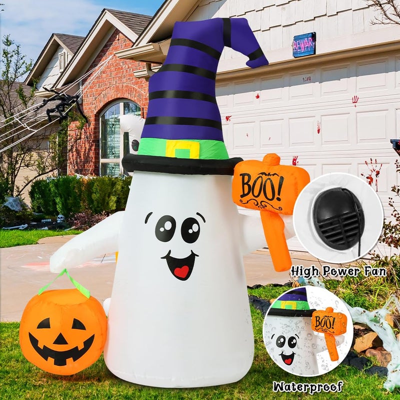 GOOSH 5 FT Halloween Inflatables Ghost Outdoor Decorations Blow Up Yard Cute Wizard Ghost with Pumpkin with Built-in LEDs for Garden Lawn Indoor Party Holiday Decor - Image 4